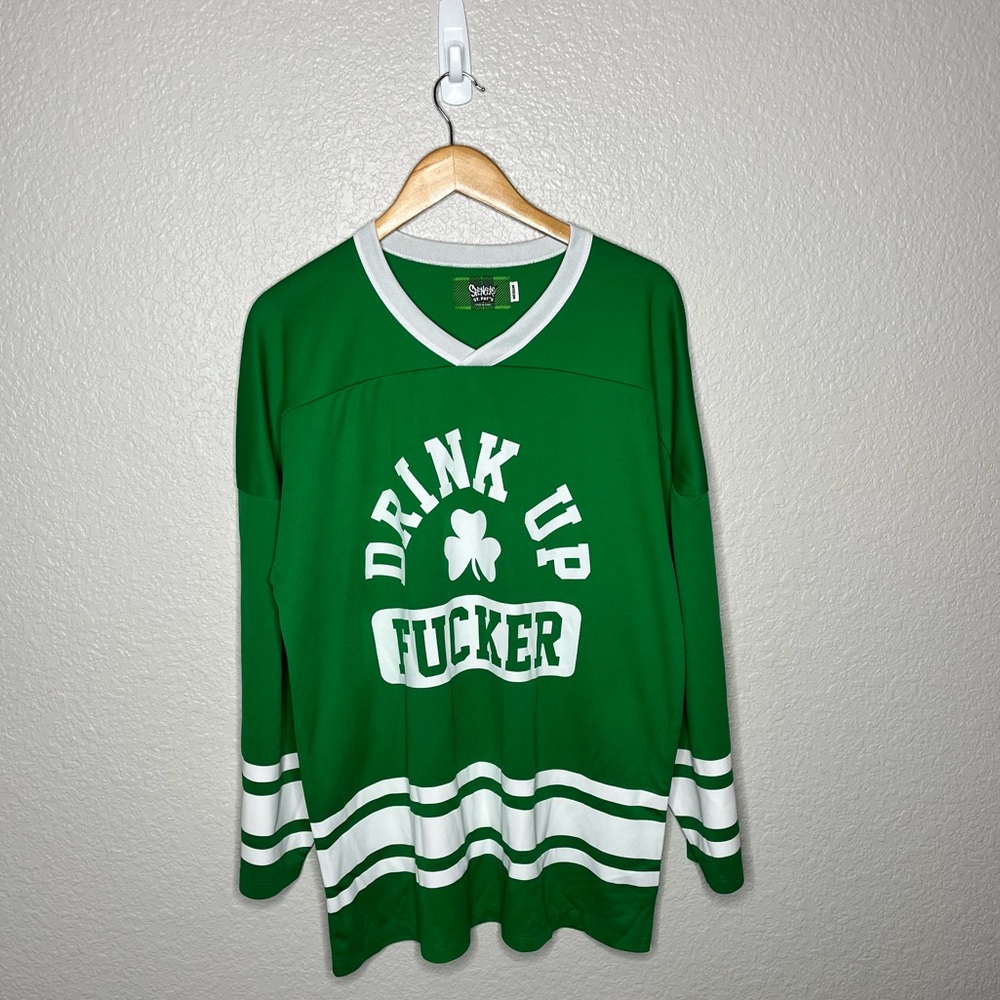 St. Patrick’s Day Green Drink Up Shamrock Graphic Jersey Shirt Unisex Oversized - Picture 8 of 8